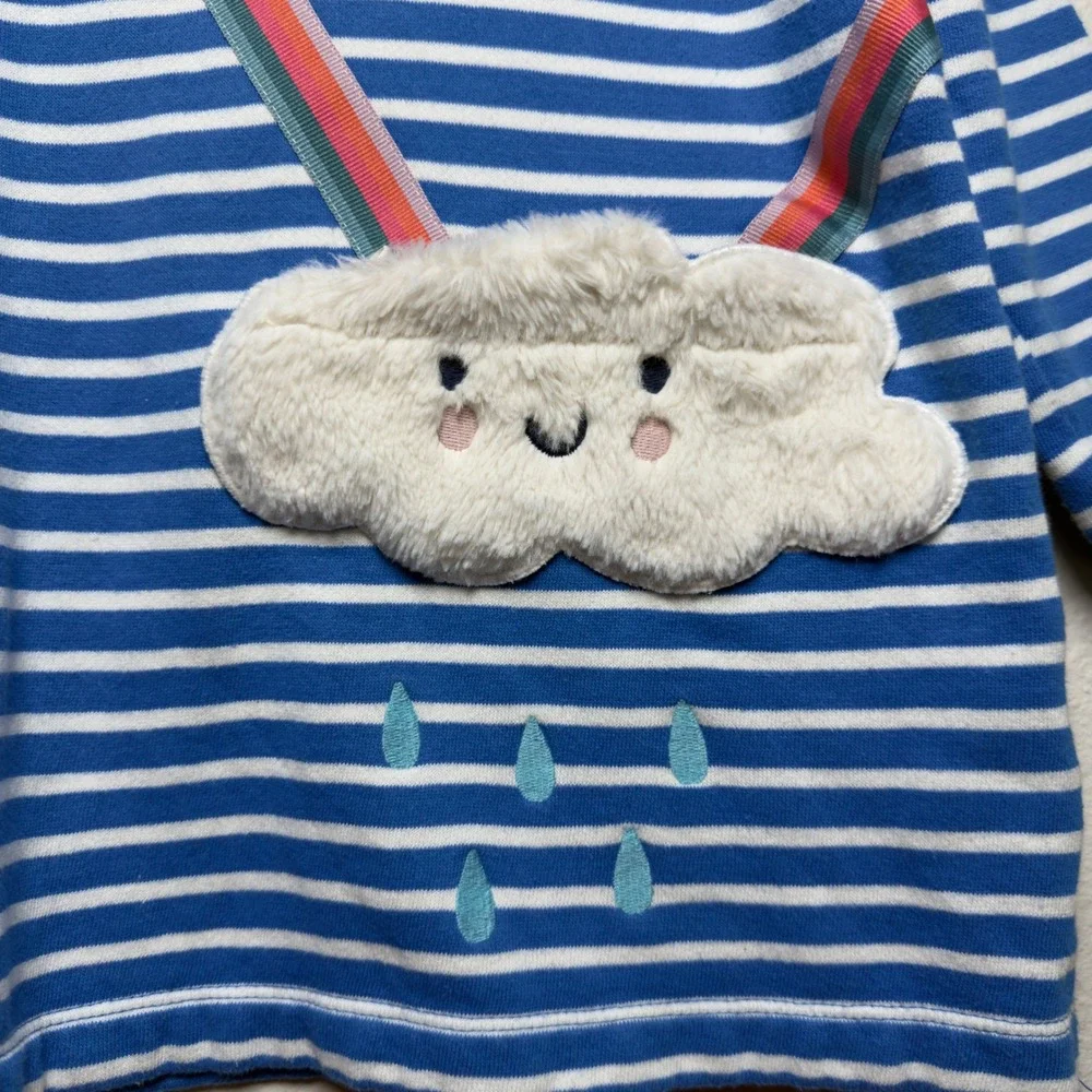 Mini Boden Girls Cotton Tunic 5-6Y Blue Striped Rainbow Cloud Applique Pocket